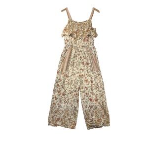 Floral Eyelet Ruffle Wide Leg Jumpsuit Cream Orange 70s inspired Rufflecore Med
